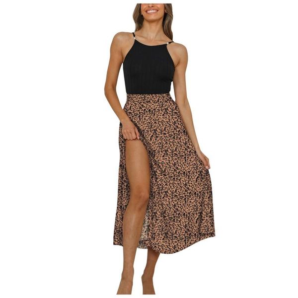 

skirts 2021 autumn women skirt casual loose thin split elastic waist mid a-line leopard print floral femme, Black