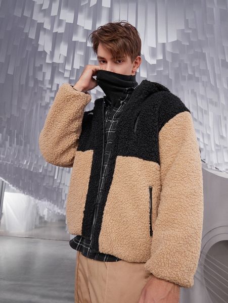 

men zip up two tone teddy jacket h0xs#, Black;brown