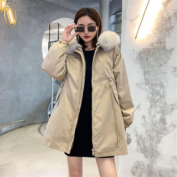 

women's fur & faux winter hooded thick parkas mid-length solid color waist warm coat raccoon collar lining outerwear, Black