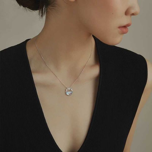 

star moon necklace women's 925 pure silver moonstone chain, Black