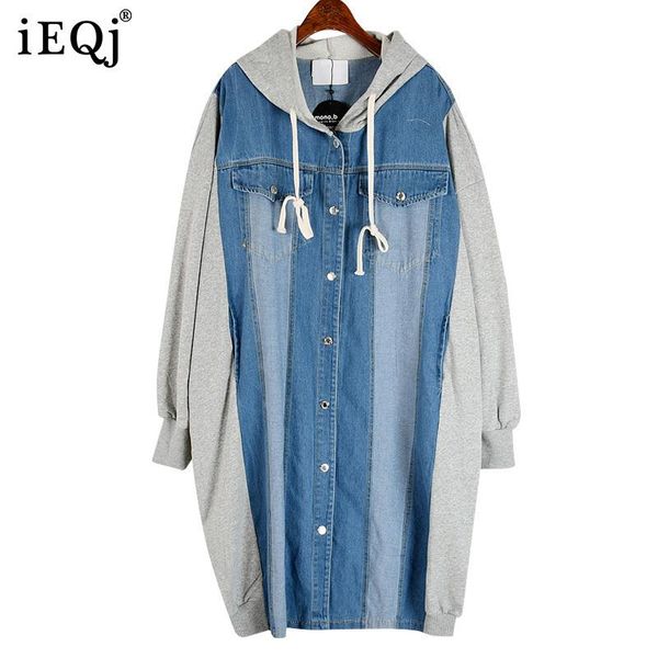 

women's trench coats ieqj women all-match korean hooded mid-length denim stitching windbreaker jacket loose fit fashion spring autumn 2, Tan;black