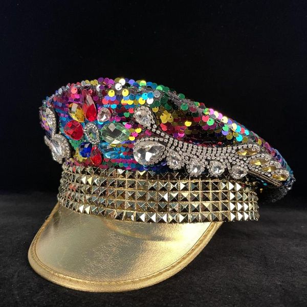 

berets handmade women military hat double sided sequin burning captain sergeant rhinestone rave festival bachelorette part, Blue;gray