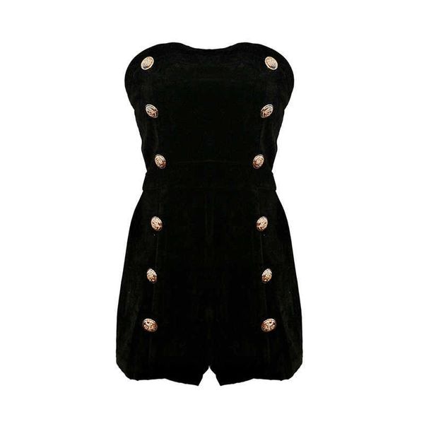 Vielleicht U Solide Frauen Velours Schwarz Reißverschluss Knopf Trägerlos Ärmellos Elegant Sexy Strampler Playsuits J0044 210529