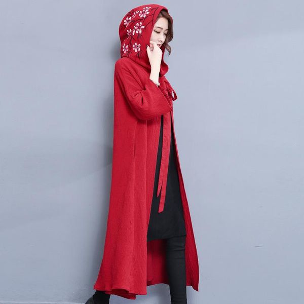 

women's trench coats tenygo autumn winter chinese-style improved hanfu red cape coat female long spring summer loose cotton cardigan, Tan;black