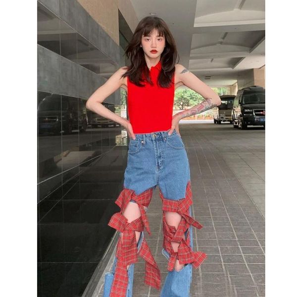 

women's jeans fashion vintage high waist bow for women ripped hole jean streetwear harajuku y2k ladies full length pencil pants baggy, Blue