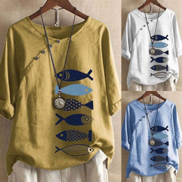 

women blouses 2021 summer o-neck vintage blouse animal print casual short sleeve women's flax shirt plus size & shirts, White