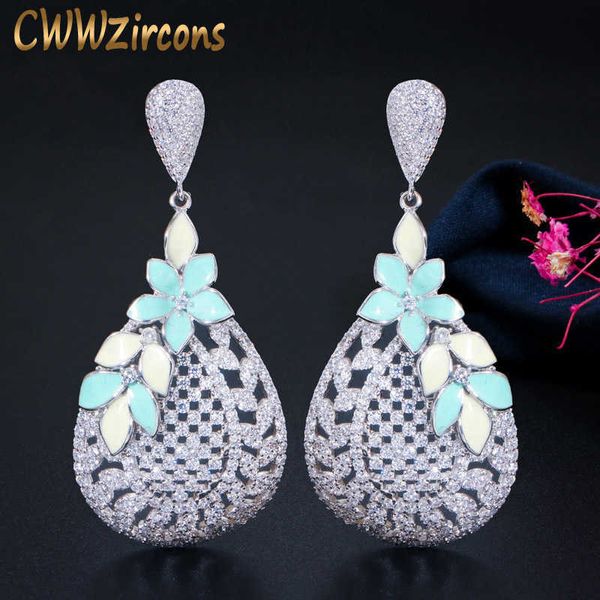 

natural element long enamel leaf drop cubic zircon wedding earring for women elegant vintage brides jewelry cz682 210714, Silver