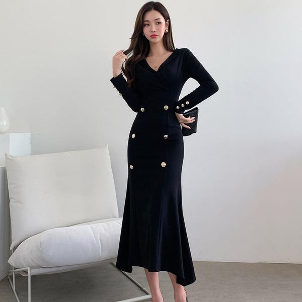 

casual dresses women korean bodycon mermaid dress long sleeve v neck slim double breasted button decoration, Black;gray