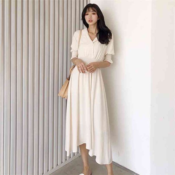 Maxi-langes Kleid für Frauen, weiß, Korea, Ärmel, gekerbt, Boho-Sommerkleid, Damen, formell, elegant, lockere Partykleider 210602