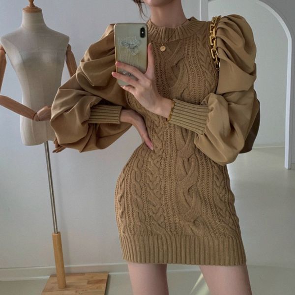 

retro fall winter fashion women twist knit patchwork puff sleeve korean elegant chic sweater dress robe femme 210518, Black;gray
