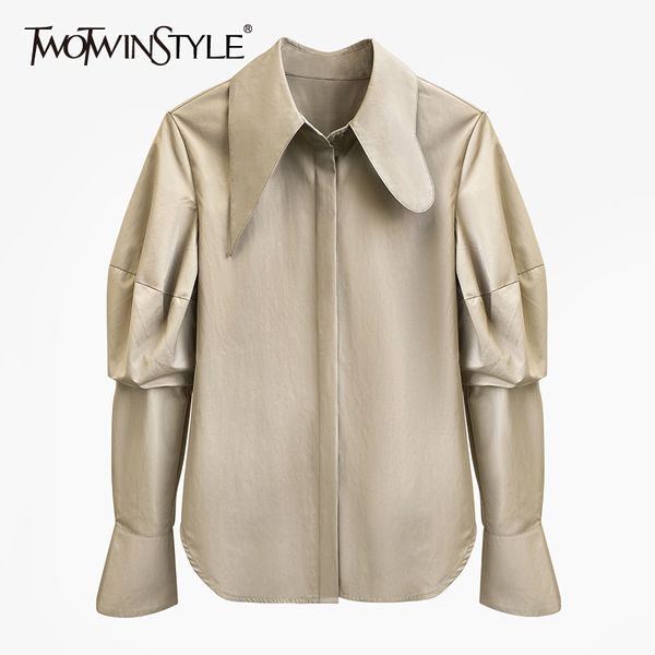 

asymmetrical khaki shirt for women lapel puff sleeve casual solid blouse female autumn fashion clothing 210524, White