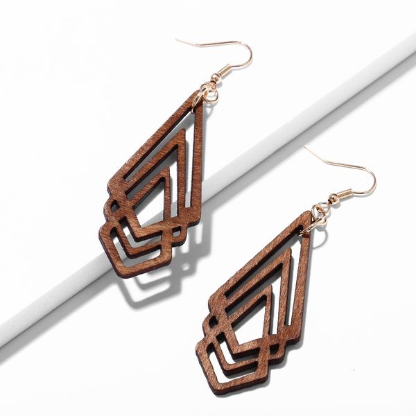 

5268 geometric diamond hollow out wooden earrings, Golden