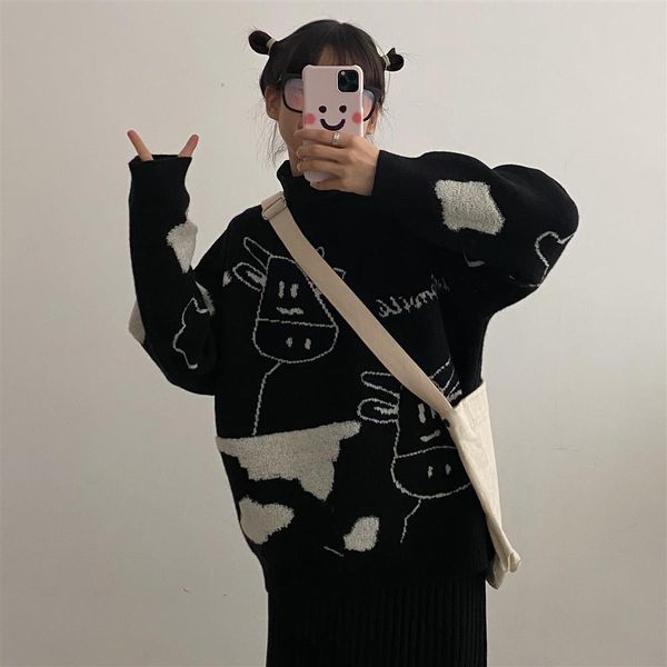 Desenhos animados vaca impressão mulheres suéteres outono o pescoço manga comprida macio solto solto inverno quente coreano harajuku malha jumper feminina 210412