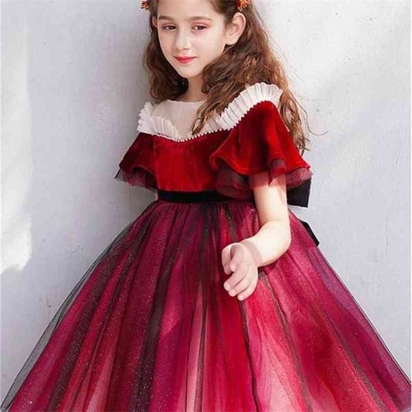 Mädchen weinrotes Samt-Partykleid für Kinder, Prinzessin, Gaze, Puffärmel, Ballsaal-Kleidung E94 210610