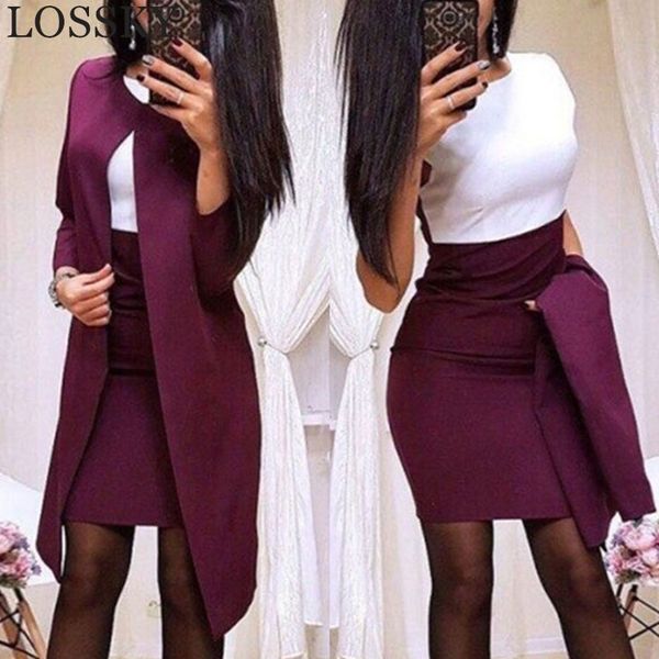 

autumn formal dress suits women long sleeve blazer jacket and bodycon mini office wear 2 piece female sets garnitur 210520, White