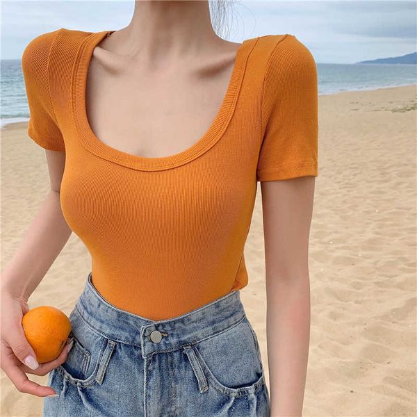 

womengaga t-shirt women's summer pink slim casual collarbone chest short tight tshirt black sleeve ahqn 210603, White