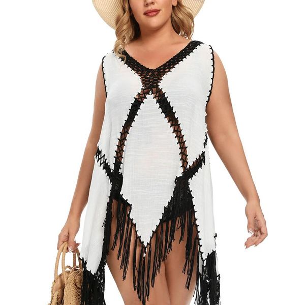 

women's swimwear plus size beach cover up crochet tassel womens cover-ups fringe long white dresses 2021 ladies bathing suit ups v-neck, White;black
