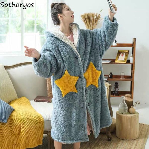 

women's sleepwear women robes hooded casual daily fashion ulzzang thickening flannel womens bath robe stars print warm sweet kawaii all, Black;red