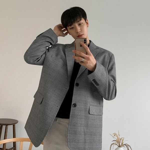 IEFB / erkek giyim ekose baskı takım elbise ceket Kore trendy rahat sonbahar streetwear yakışıklı büyük boy tek göğüslü blazer 9Y4081 210524