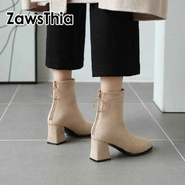 

zawsthia flock faux suede woman ankle boots zipper ring black beige ankle boots for women female block high heels shoes size 42 210611