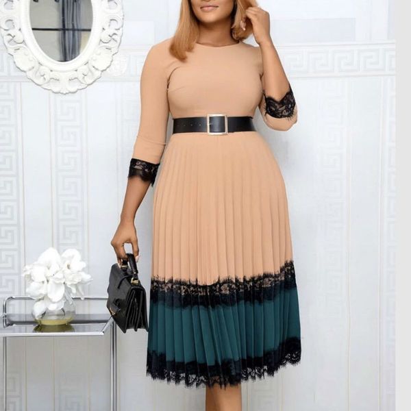 

women dress pleated office ladies elegant work wear o neck half sleeves midi high waist female classy modest african fashion 210416, Black;gray