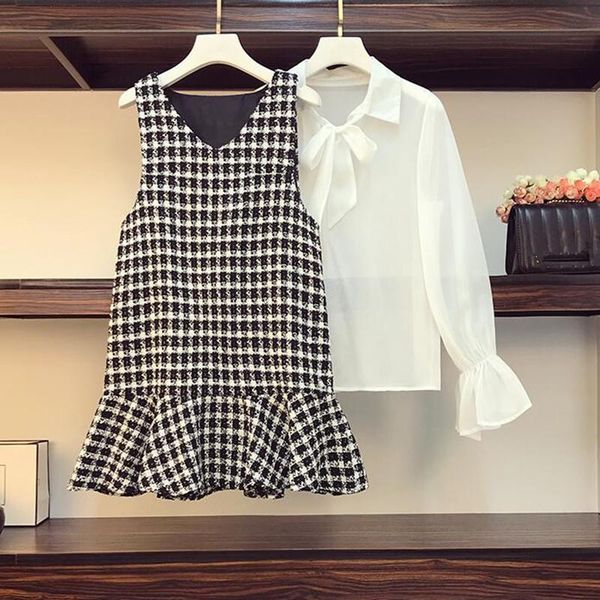 

women's tracksuits women 2 piece set tweed vest womens elegant ruffles chiffon bow shirt + v-neck plaid fishtail clothing, Gray