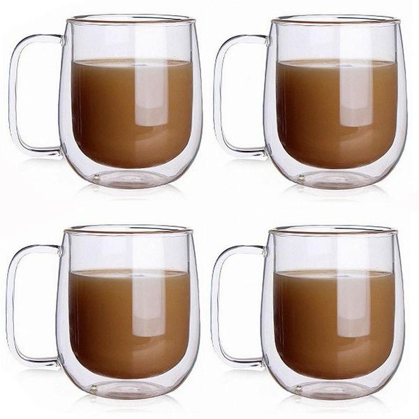 

set of 4 double wall insulation coffee glass cup office mug 2 wine glasses