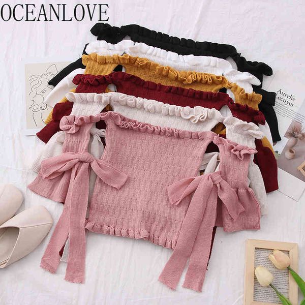 

sweet fashion summer off shoulder women blouses bow all match short blusas korean shirts solid 16920 210415, White