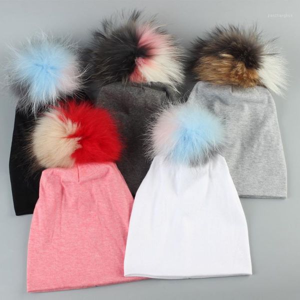 

hair accessories born brand kids beanie hat with pompom spring fashion 3 tone colors raccoon fur slouchy beanies for girls1, Slivery;white