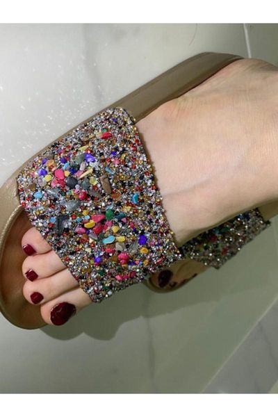 

slippers summery women colorful stone luminous pool beach sea bronze, Black