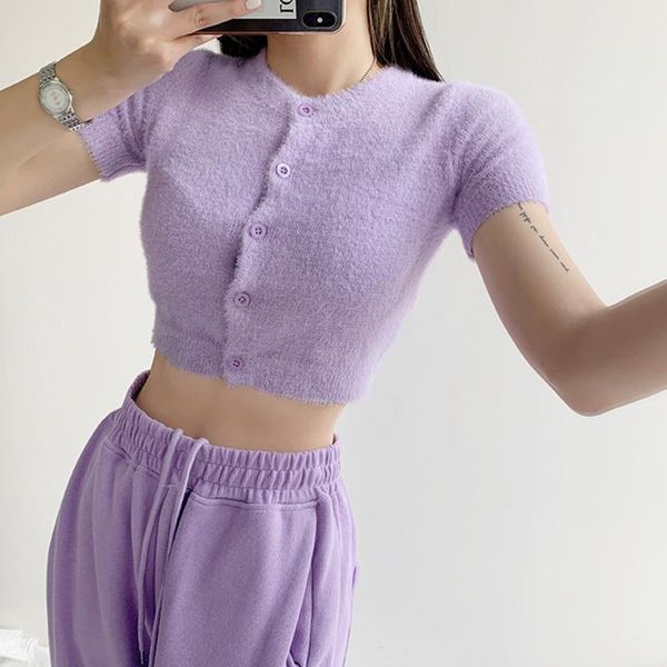 

women's knits & tees womengaga solid color crew neck short sleeve knitting cardigan summer korean vintage open navel slim mohair sweate, White