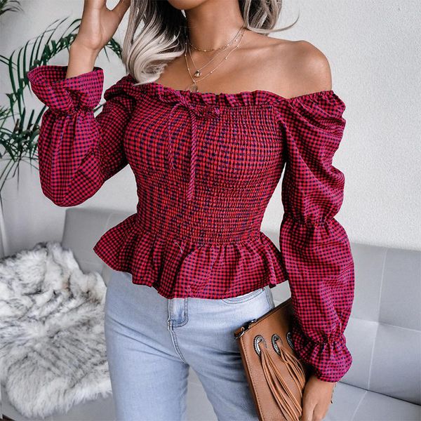 

women's blouses & shirts off shoulder plaid ruffle blouse slash neck flare long sleeve women lace-up solid color autumn casual office l, White