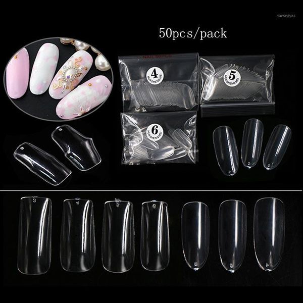 

50pcs/pack round head nail art tips transparent false nails flat shape full cover manicure fake nail1, Red;gold