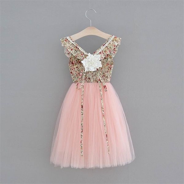 

wholesale easter girl princess dress beige floral mid calf length pink gauze backless sweet children clothing 2-7y hh001 210610, Red;yellow