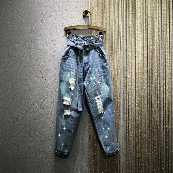 

women's jeans bud high-waist 2021 spring autumn elastic waist loose-fit straight-cut ripped sequined harem pants denim, Blue