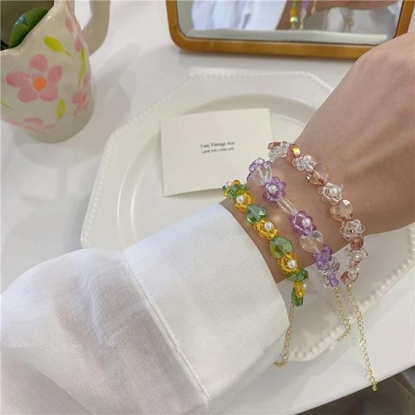 

charm bracelets aomu trendy retro colorful transparent crystal flower love beaded bracelet cute reflective smooth for women, Golden;silver