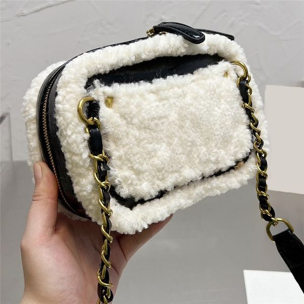 

lamb hair trim square bag black smooth leather design winter handbag womens fashion warm purse mini ziper shoulder bags cute 18cm