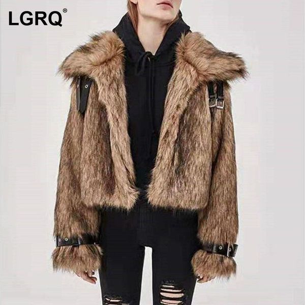 

women's fur & faux [lgrq]furry warm metal buckle jacket lapel long sleeve coat fashion tide autumn winter 2021 19d3928, Black
