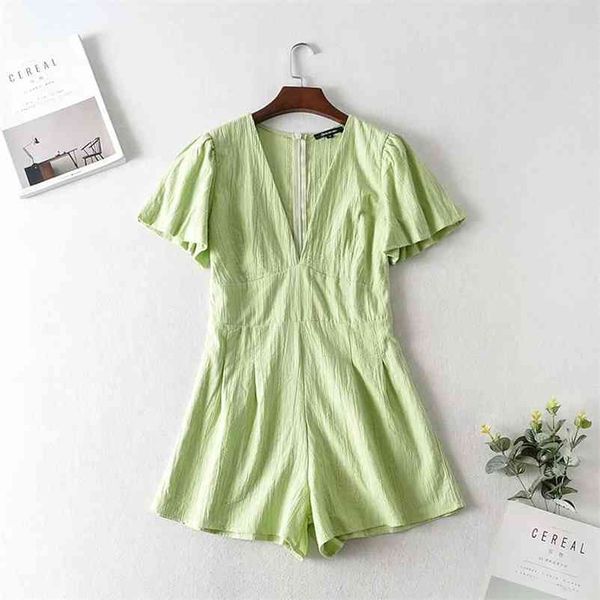 

women's summer green jumpsuit casual slim short sleeve v-neck beach rompers sleeveless playsuit 210524, Black;white
