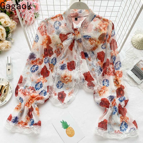 

women streetwear chiffon blouse spring autumn o-neck flare sleeve floral bow slim chic retro female fashion shirts 210531, White