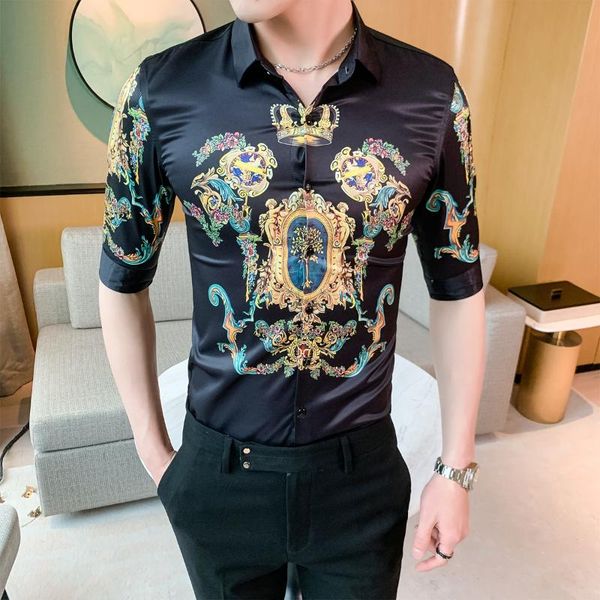 

men's casual shirts social slim shirt camisa masculina luxury baroque men 2021 summer half sleeve crown print dress streetwear, White;black