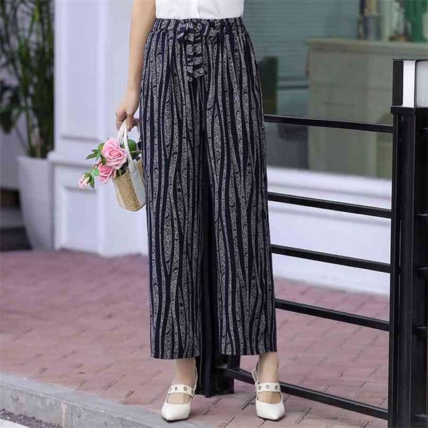 Summer Wide Leg Calças Mulheres Vintage Coreano Casual Impressão Bohemian tornozelo-Comprimento Alto Cintura Calças com Sashes 210915