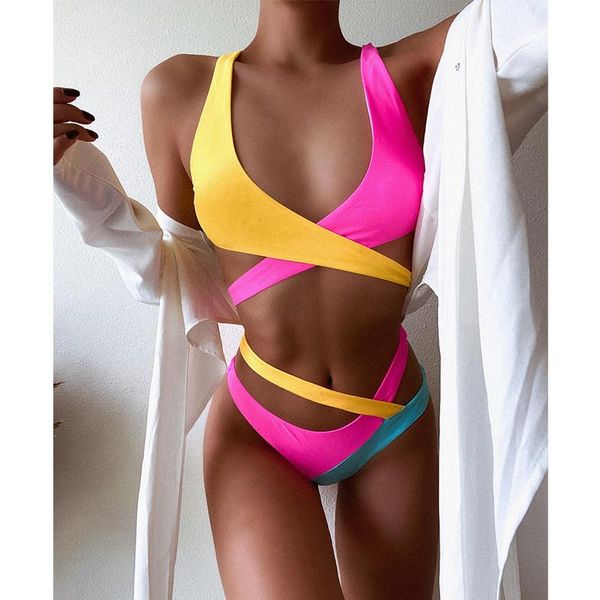 

patchwork swimsuit women bikinis cross bandage swimwear beachwear summer push up 2 piece set biqiuni bathing suit women's, White;black