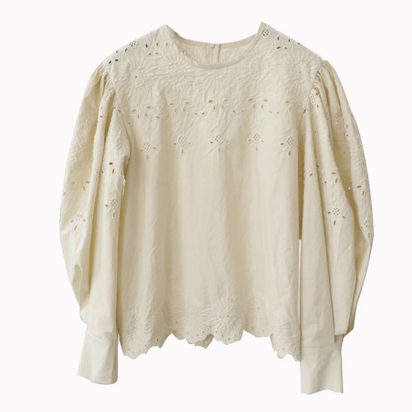 

women beige solid shirt o neck long sleeve spring summer puff lace embroidery hollow out b0564 210514, White