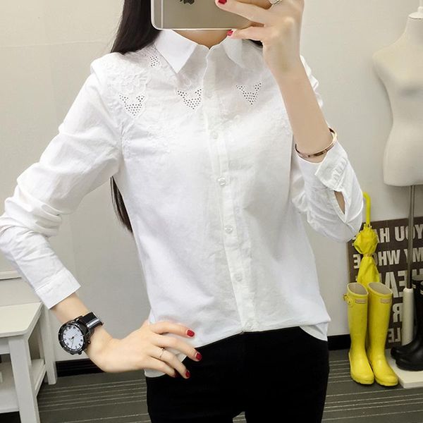 

women's blouses & shirts 2021 women autumn winter casual female embroidery hollow out long sleeve lady slim single breasted loose blou, White