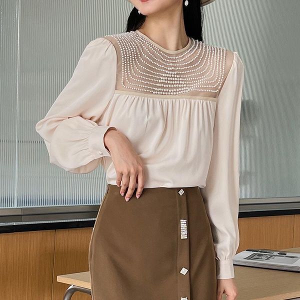 

women's blouses & shirts design niche chiffon shirt 2021 autumn pearl decoration long-sleeved women for teenage girls summer, White