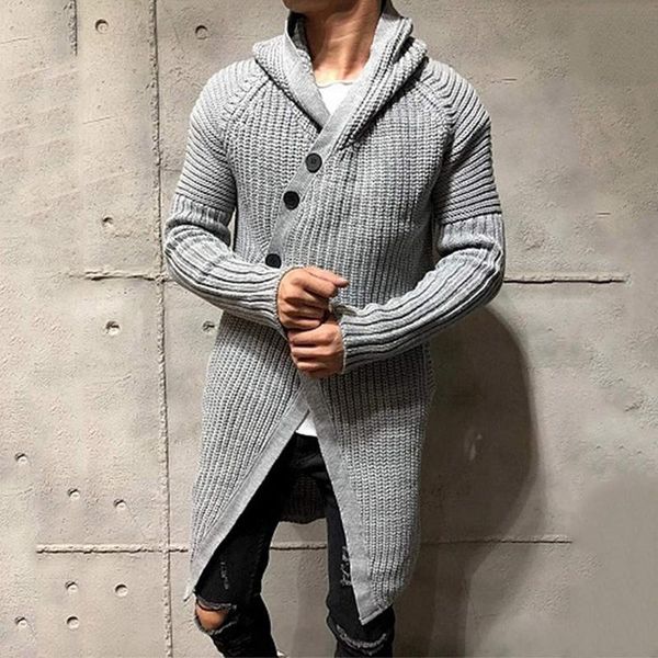 

men's sweaters grey cardigan sweater men with hood autumn winter clothes thin irregular buttons lightweight coat long, White;black