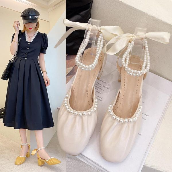 

dress shoes selling pearl sandals women 2021 summer ladies bow fashion high-heeled baotou women's lace-up rear empty single, Black