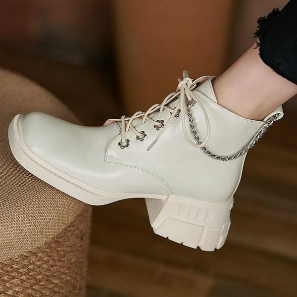 

boots cross tied chunky high heels for women 2021 winter est genuine leather ankle retro working motorcycle, Black