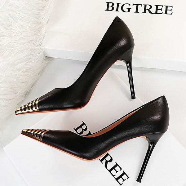 

dress shoes black leather woman pumps metal pointed toe high heels stiletto party women plus size 42 43